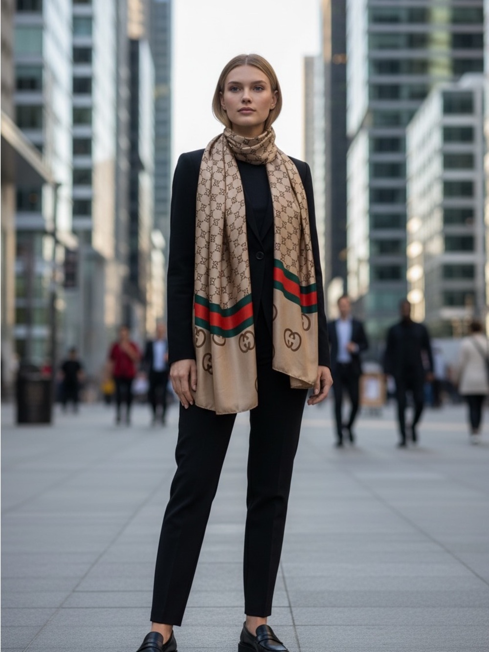Gucci Beige 100% Silk GG Scarf wrap with Red and Green Stripes 64x34 New